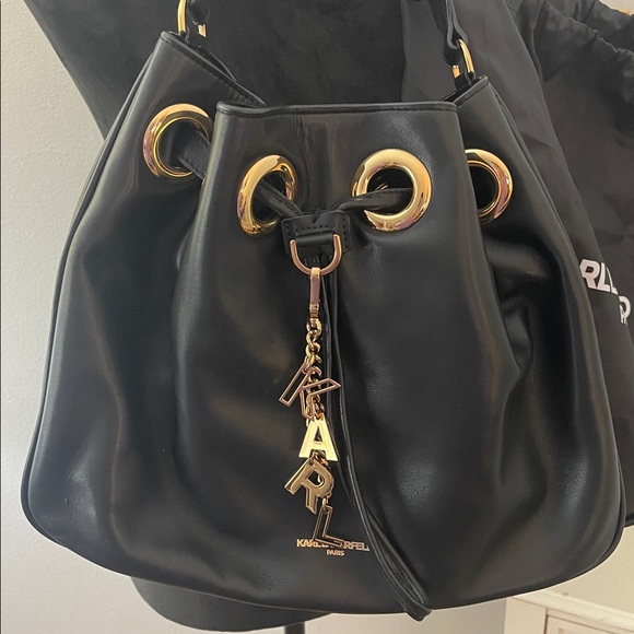 Karl Lagerfeld Black Leather Drawstring Bucket Bag - Picture 2 of 16